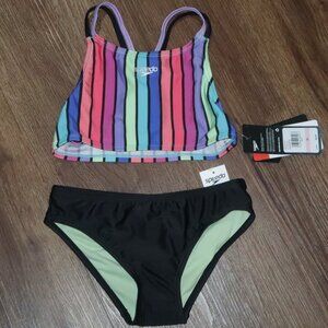 NWT Girls Speedo Anthracite 2pc Colorful Stripe Bikini Swimsuit Top Bottoms 10